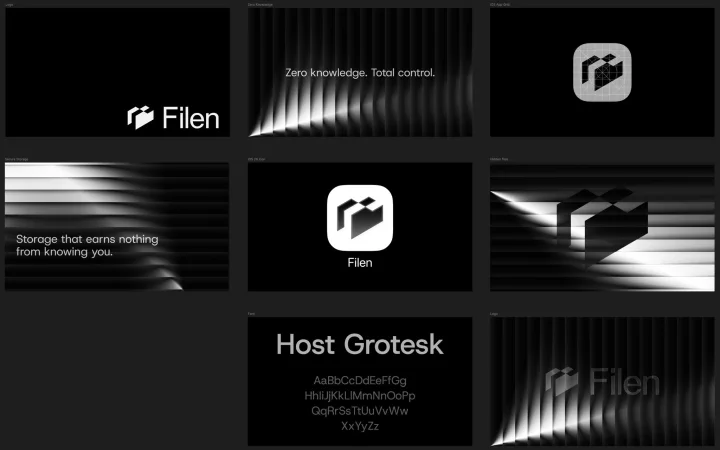 Filen brand system board with logo, copy, icon, and typography