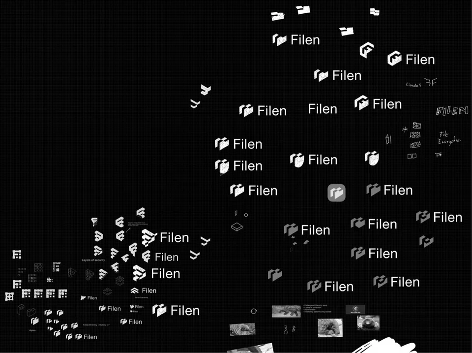 Filen exploration board containing sketches, rejected symbols, wordmarks, and refined identity directions