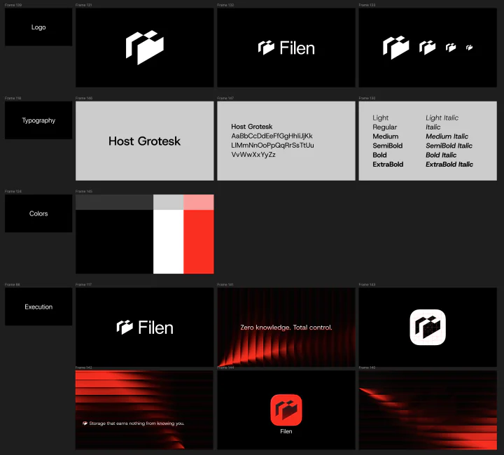 Filen red identity exploration showing the logo, typography, app icon, and campaign executions
