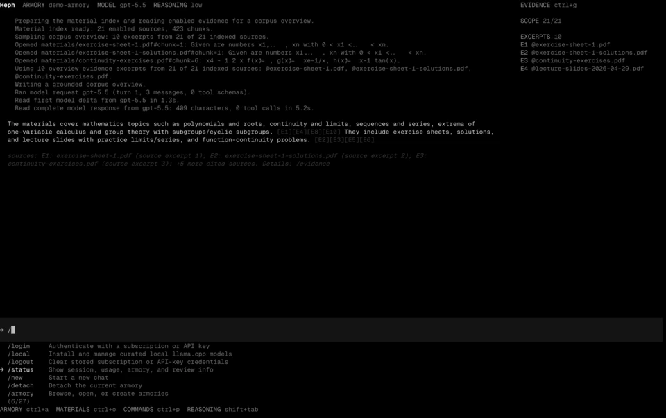 Heph terminal interface showing a cited answer, evidence panel, and command menu