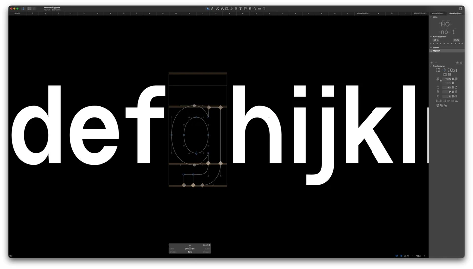 Early Heph typeface drawing in Glyphs with the lowercase g selected