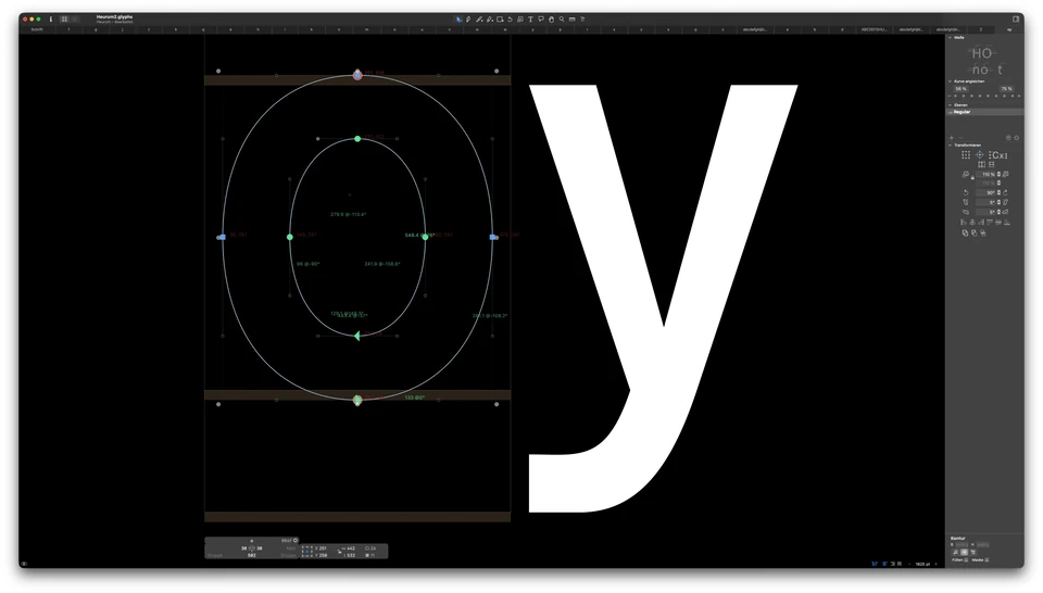 Continued Heph typeface drawing in Glyphs with lowercase o curves beside a large y