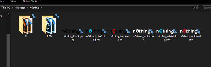 Windows Explorer showing AI and PSD folders beside six n0thing wordmark PNG exports