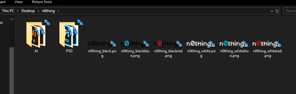 Windows Explorer showing AI and PSD folders beside six n0thing wordmark PNG exports