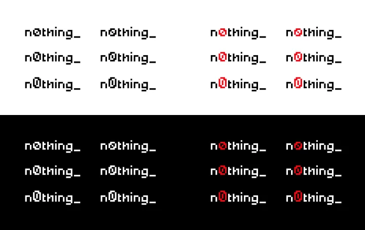 Black, white, and red n0thing pixel wordmark variations