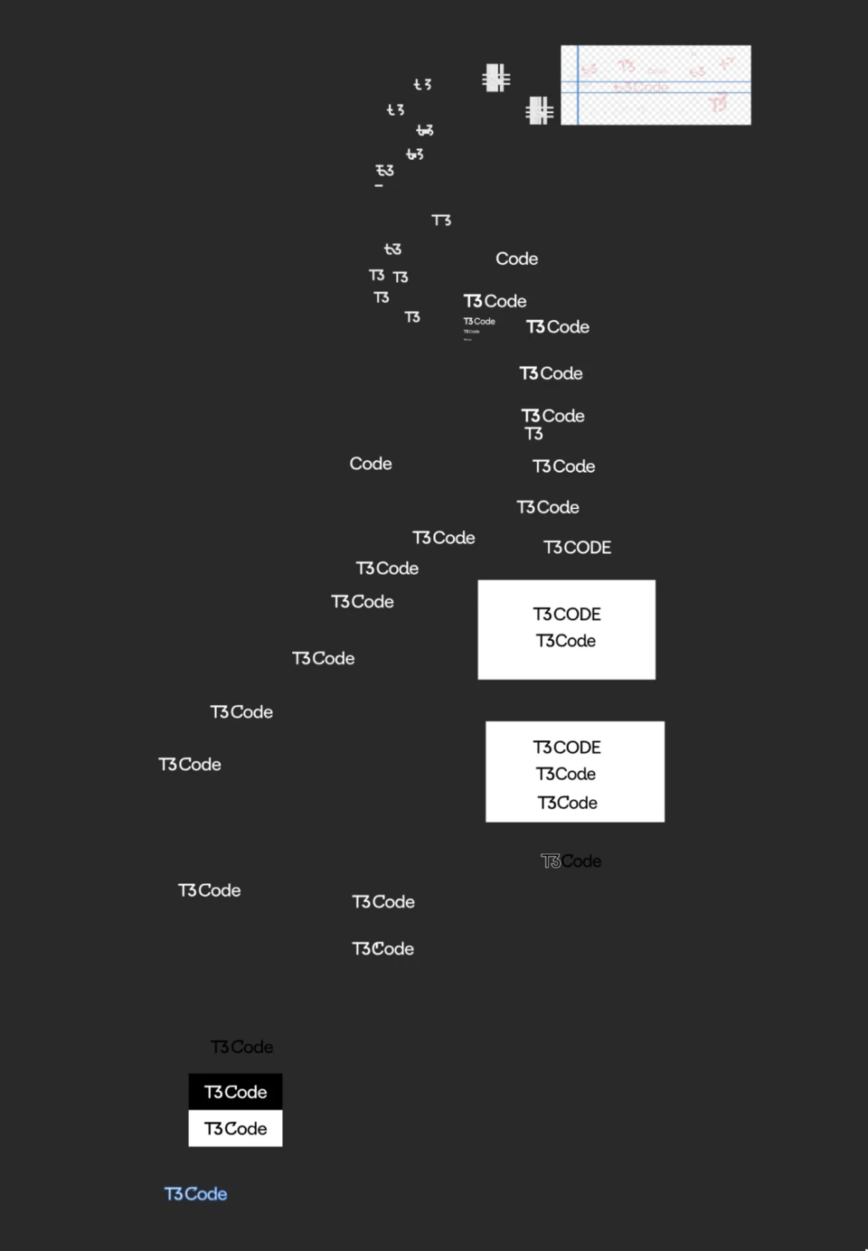Tall design canvas of T3 marks and T3 Code wordmark explorations