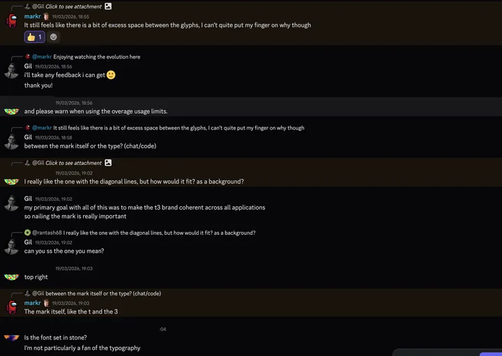 T3 Discord feedback on the spacing between the logomark glyphs